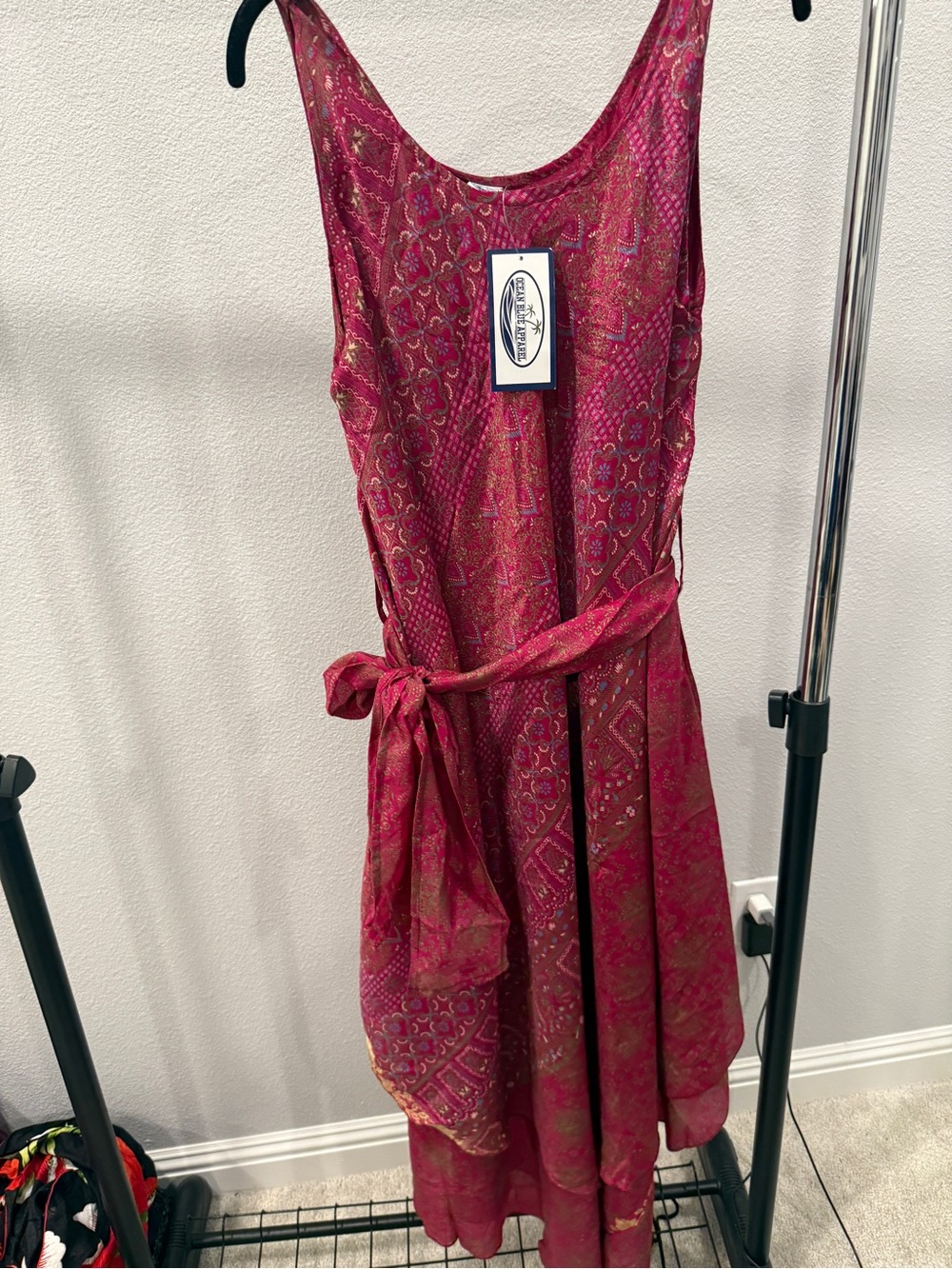 Resort Wear Sleeveless Pink Sari Tropical Vacation Belted Dress Thailand OS